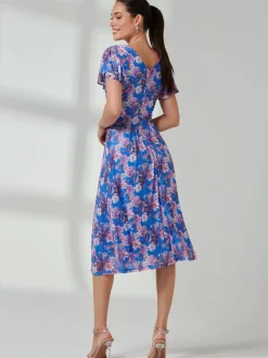 Jolie Moi Kaylynn Wrap Mesh Dress, Blue Floral