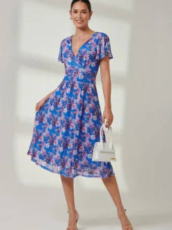 Jolie Moi Kaylynn Wrap Mesh Dress, Blue Floral