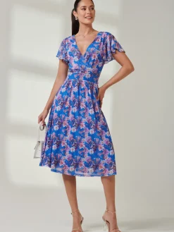 Jolie Moi Kaylynn Wrap Mesh Dress, Blue Floral