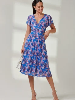 Jolie Moi Kaylynn Wrap Mesh Dress, Blue Floral