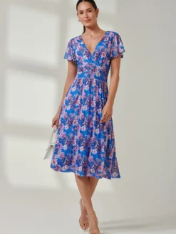 Jolie Moi Kaylynn Wrap Mesh Dress, Blue Floral