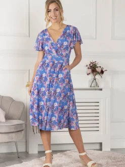 Jolie Moi Kaylynn Wrap Mesh Dress, Blue Floral