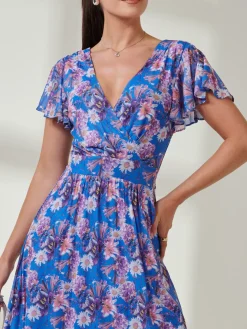 Jolie Moi Kaylynn Wrap Mesh Dress, Blue Floral