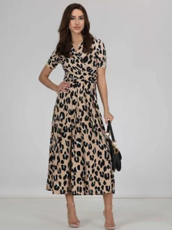 Jolie Moi Kiera Wrap Front Maxi Dress, Camel Animal