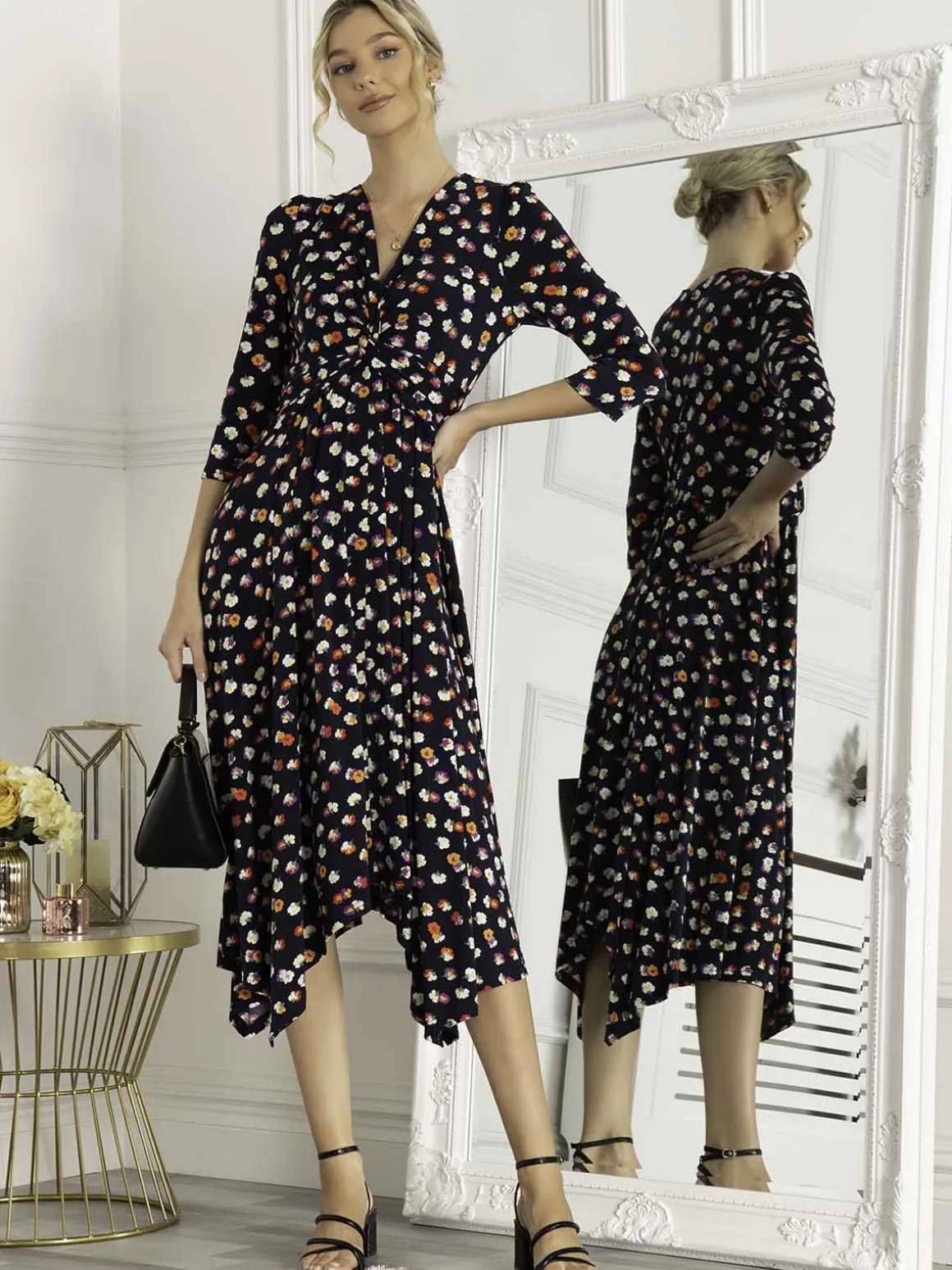 Jolie Moi Knot Front Hanky Hem Dress, Navy Floral