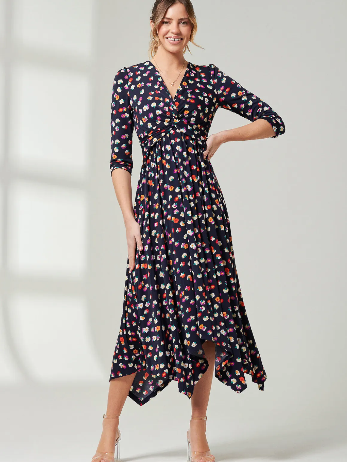 Jolie Moi Knot Front Hanky Hem Dress, Navy Floral