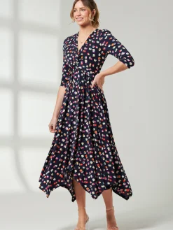 Jolie Moi Knot Front Hanky Hem Dress, Navy Floral