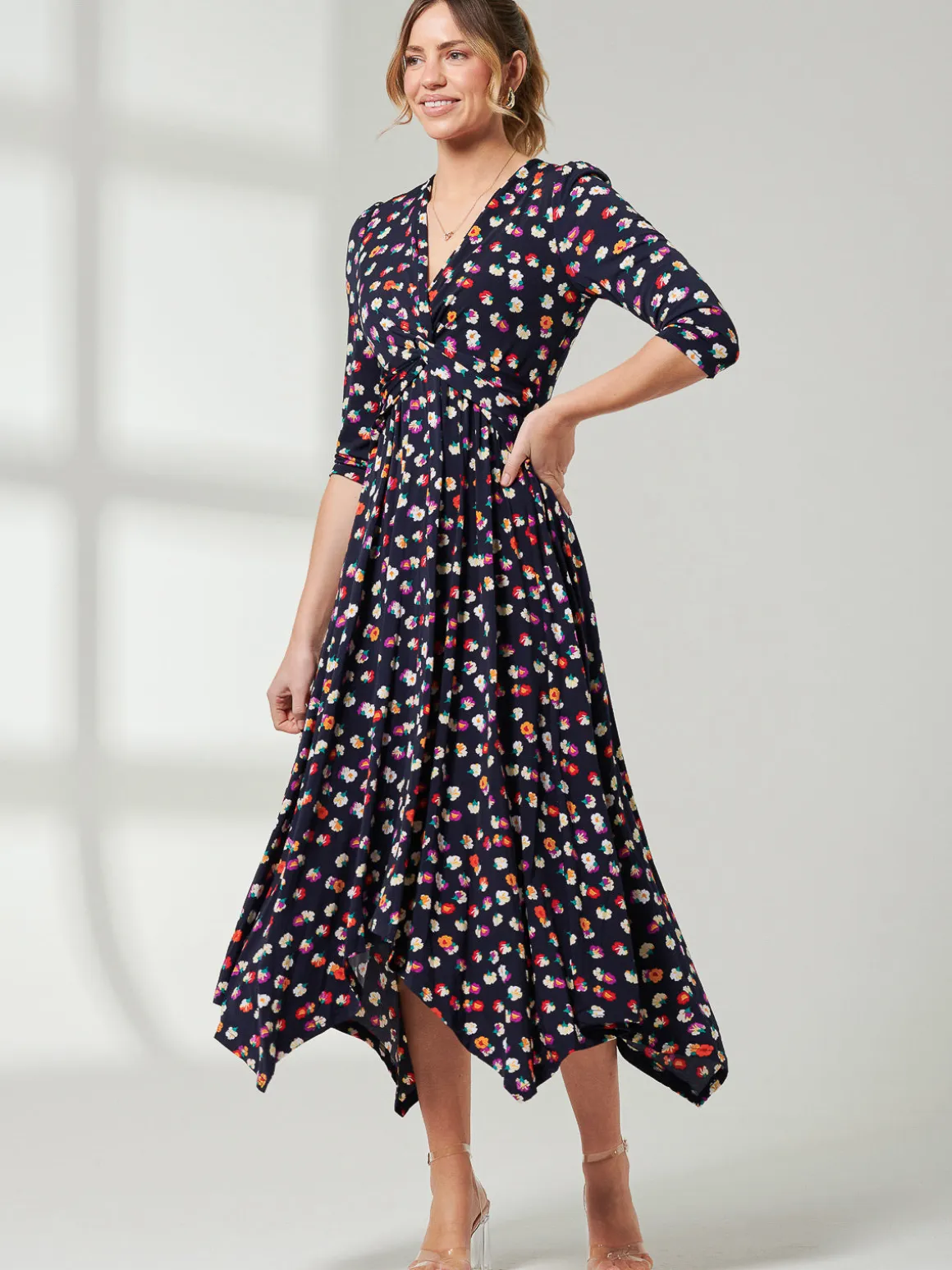 Jolie Moi Knot Front Hanky Hem Dress, Navy Floral