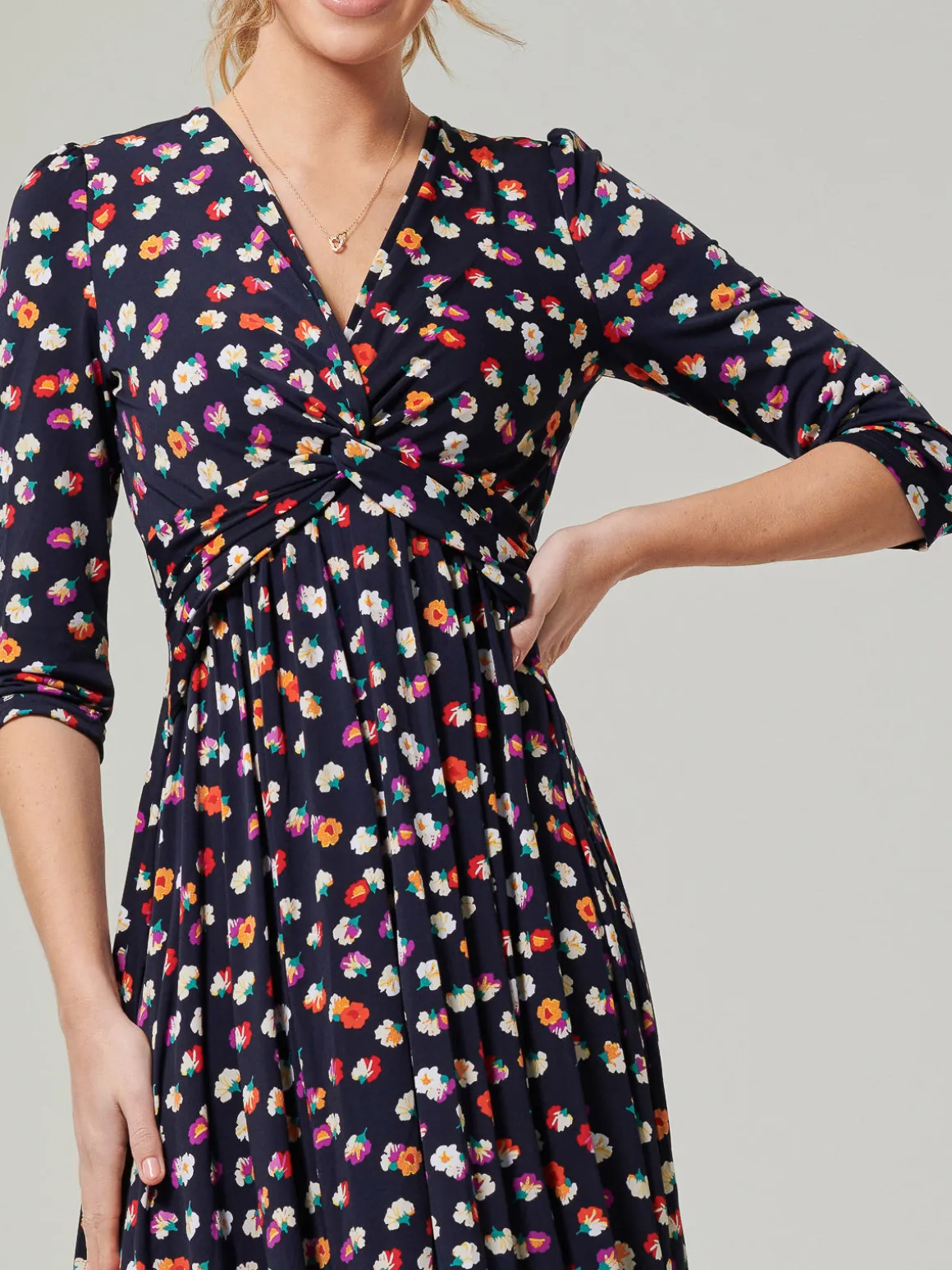 Jolie Moi Knot Front Hanky Hem Dress, Navy Floral