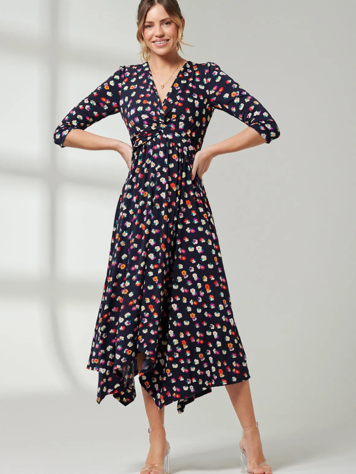 Jolie Moi Knot Front Hanky Hem Dress, Navy Floral