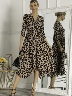 Jolie Moi Knot Front Hanky Hem Dress, Pink Animal
