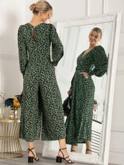 Jolie Moi Kylie Long Sleeve Jumpsuit, Green Animal