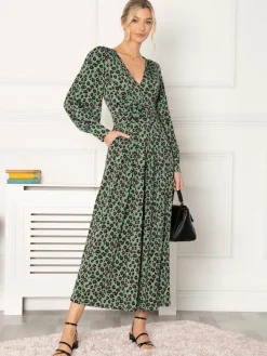 Jolie Moi Kylie Long Sleeve Jumpsuit, Green Animal