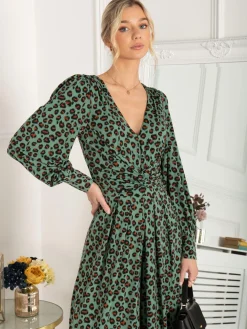 Jolie Moi Kylie Long Sleeve Jumpsuit, Green Animal