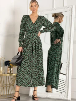Jolie Moi Kylie Long Sleeve Jumpsuit, Green Animal