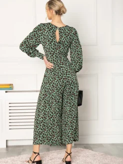 Jolie Moi Kylie Long Sleeve Jumpsuit, Green Animal