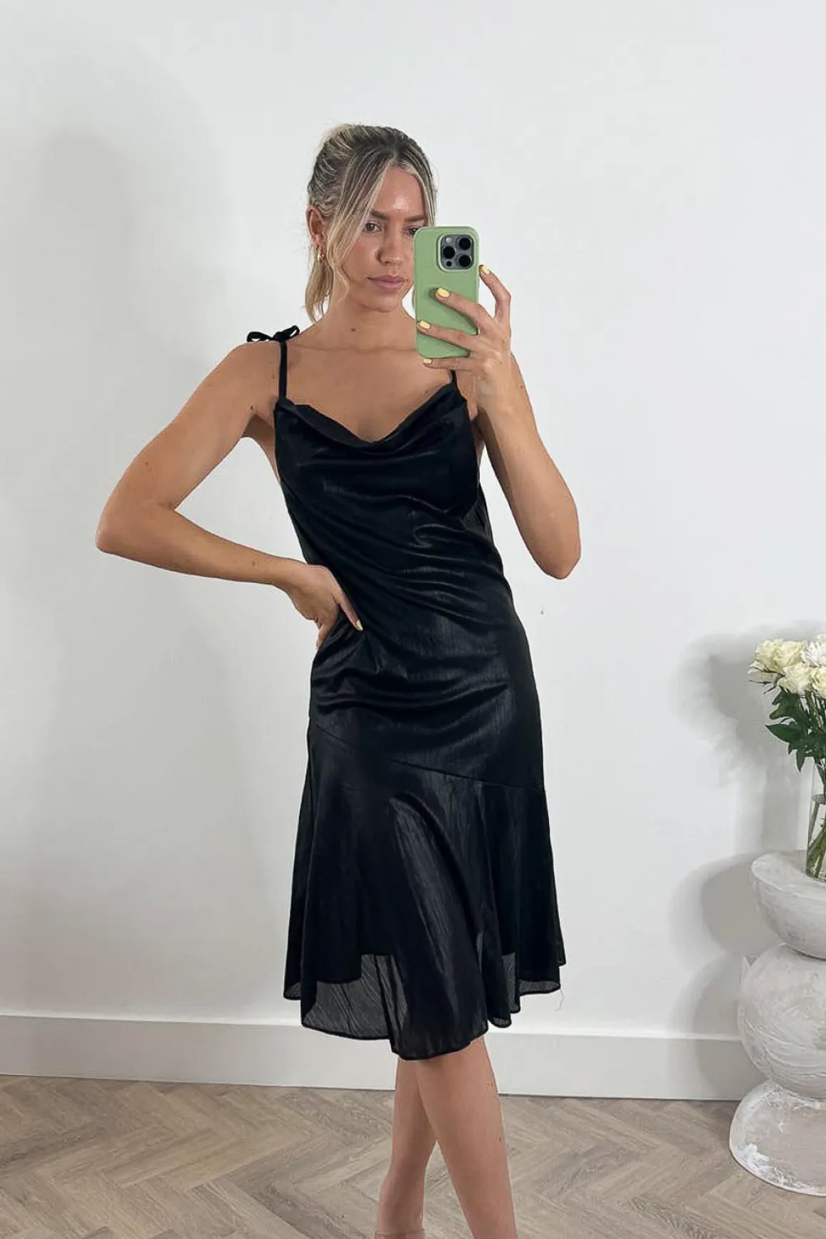 Jolie Moi Leela Cowl Neck Tie Strap Dress, Black