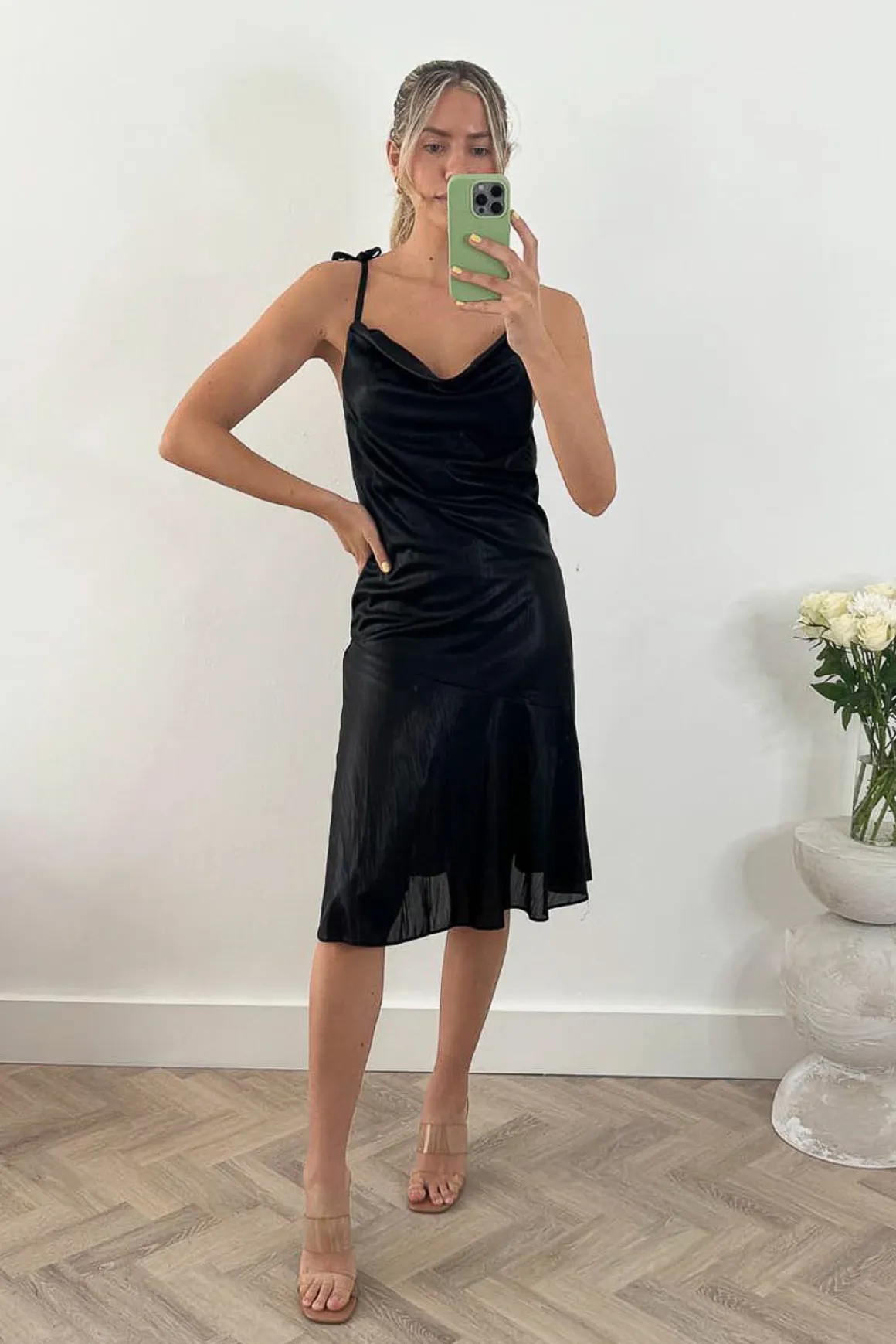 Jolie Moi Leela Cowl Neck Tie Strap Dress, Black