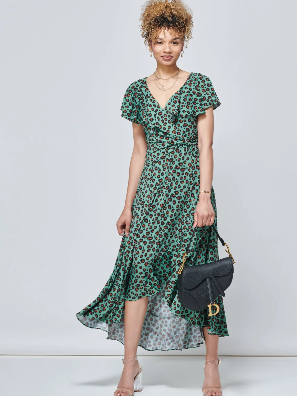 Jolie Moi Luciana Animal Print Dip Hem Dress, Green