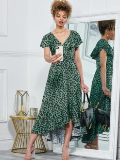 Jolie Moi Luciana Animal Print Dip Hem Dress, Green