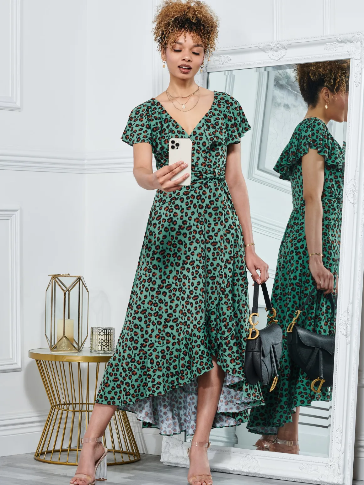 Jolie Moi Luciana Animal Print Dip Hem Dress, Green