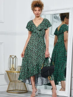 Jolie Moi Luciana Animal Print Dip Hem Dress, Green