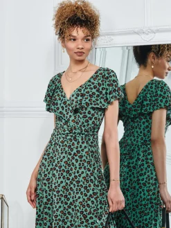 Jolie Moi Luciana Animal Print Dip Hem Dress, Green