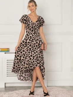 Jolie Moi Luciana Frilly Dipped Hem Dress, Pink Animal