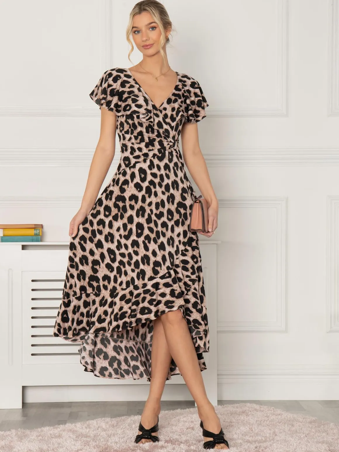 Jolie Moi Luciana Frilly Dipped Hem Dress, Pink Animal