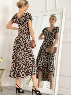 Jolie Moi Luciana Frilly Dipped Hem Dress, Pink Animal