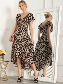 Jolie Moi Luciana Frilly Dipped Hem Dress, Pink Animal