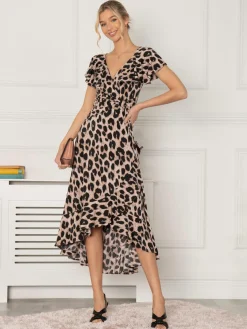 Jolie Moi Luciana Frilly Dipped Hem Dress, Pink Animal