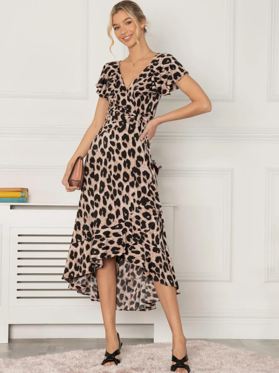 Jolie Moi Luciana Frilly Dipped Hem Dress, Pink Animal