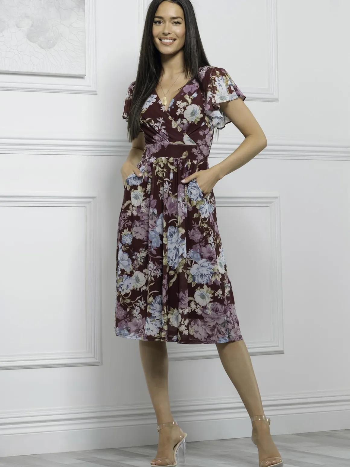 Jolie Moi Lylah Cross Front Mesh Dress, Dark Red