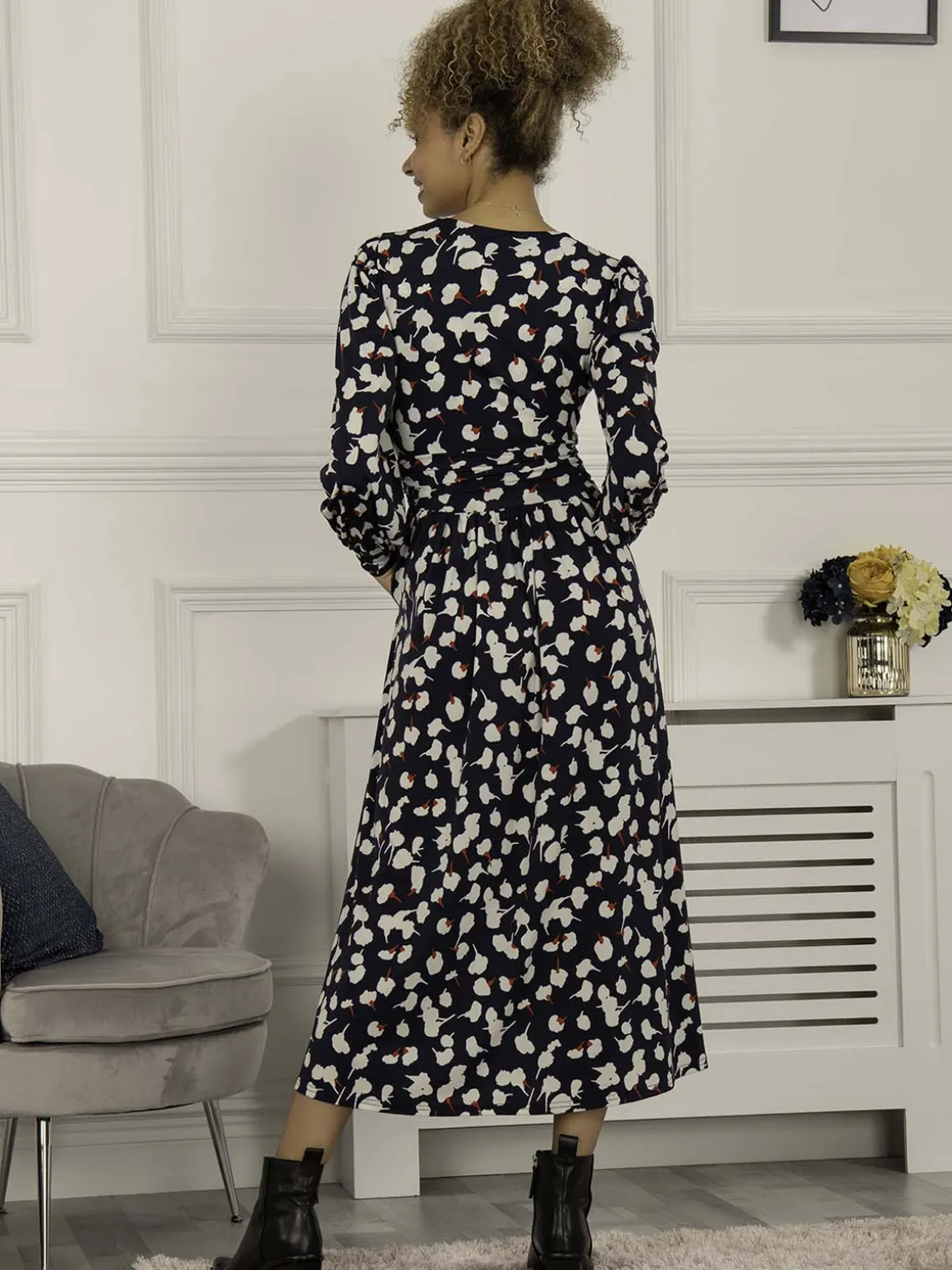 Jolie Moi Nancy Long Sleeve Maxi Dress, Navy White Floral