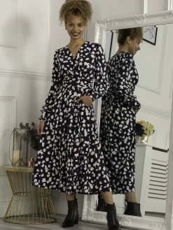 Jolie Moi Nancy Long Sleeve Maxi Dress, Navy White Floral