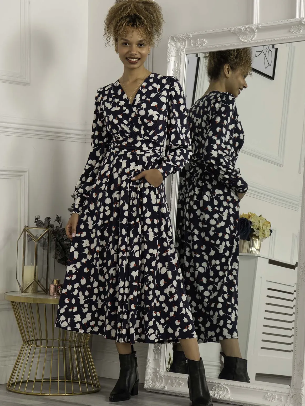 Jolie Moi Nancy Long Sleeve Maxi Dress, Navy White Floral