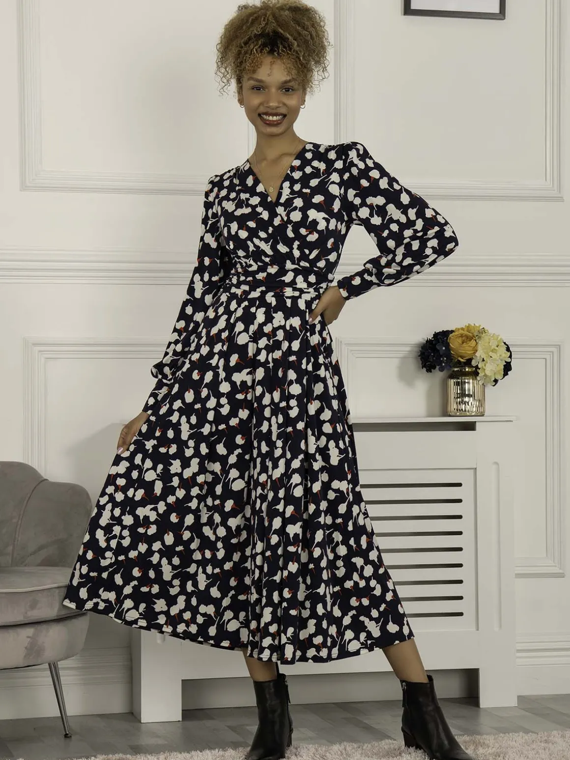 Jolie Moi Nancy Long Sleeve Maxi Dress, Navy White Floral