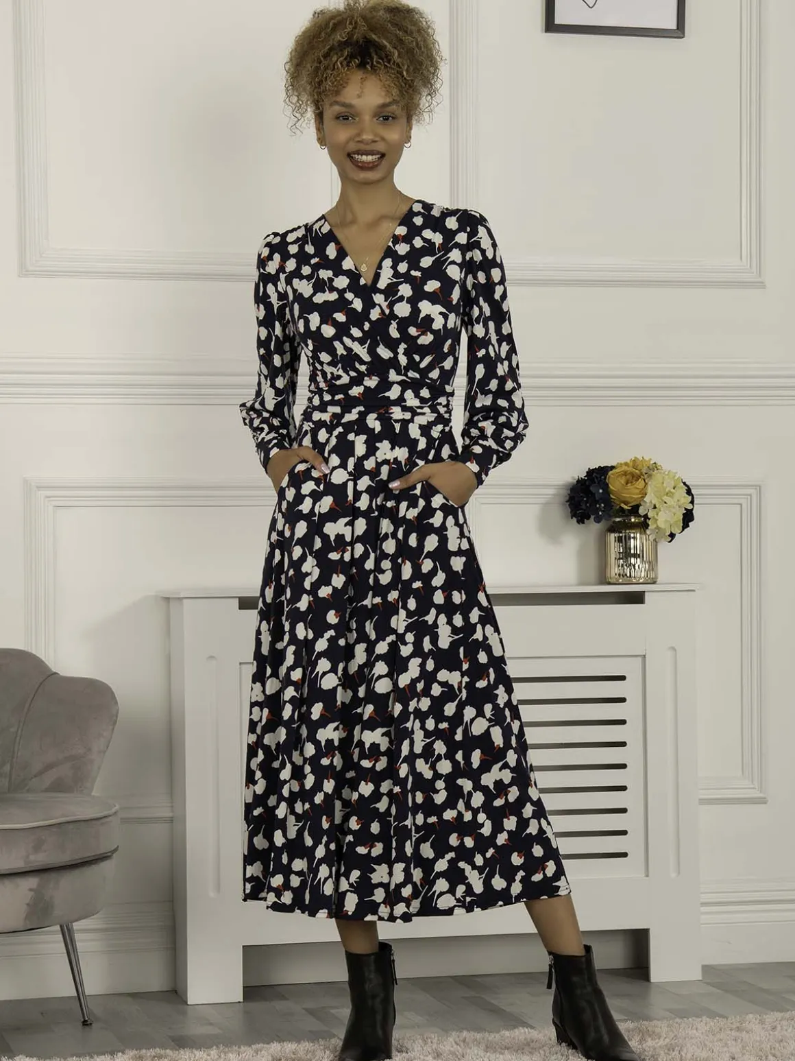 Jolie Moi Nancy Long Sleeve Maxi Dress, Navy White Floral