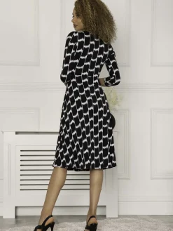 Jolie Moi Petra 3/4 Sleeve Ruched Dress, Black Geo