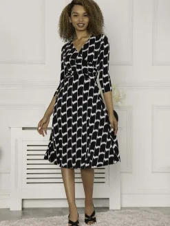 Jolie Moi Petra 3/4 Sleeve Ruched Dress, Black Geo