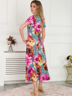 Jolie Moi Printed Cap Sleeve Dress, Blue Floral