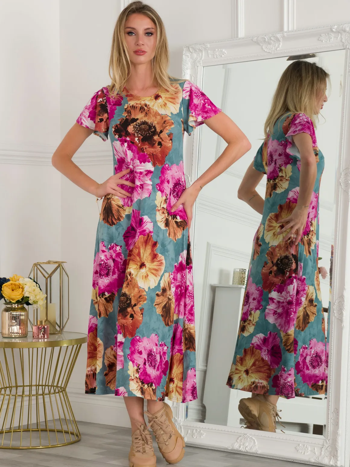 Jolie Moi Printed Cap Sleeve Dress, Blue Floral