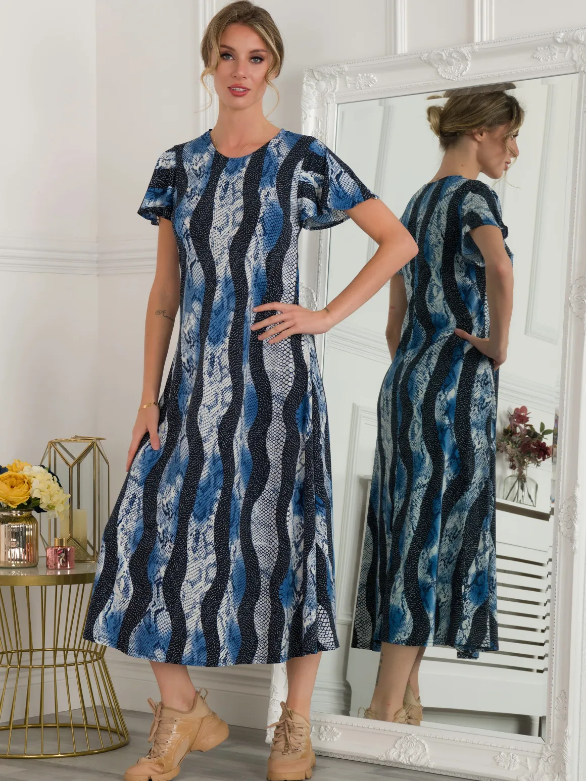 Jolie Moi Printed Cap Sleeve Dress, Navy Multi
