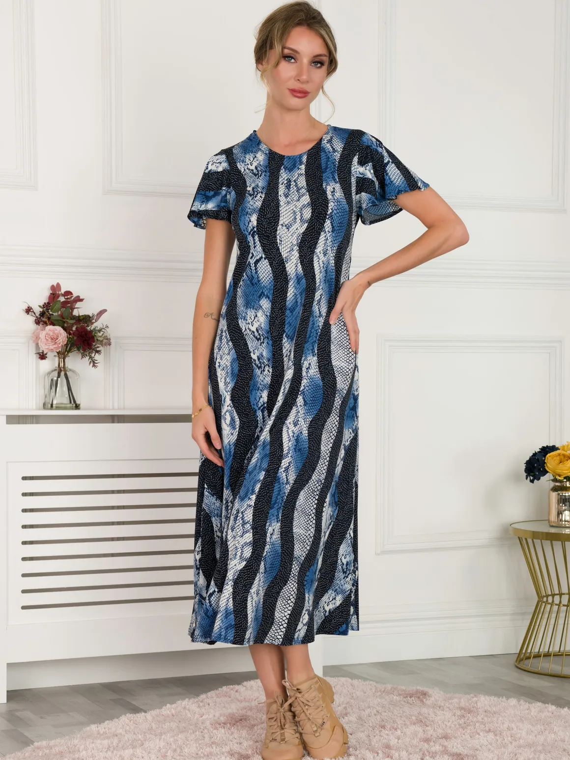 Jolie Moi Printed Cap Sleeve Dress, Navy Multi