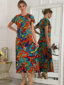 Jolie Moi Printed Cap Sleeve Dress, Red/Multi