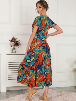 Jolie Moi Printed Cap Sleeve Dress, Red/Multi