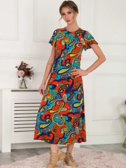 Jolie Moi Printed Cap Sleeve Dress, Red/Multi
