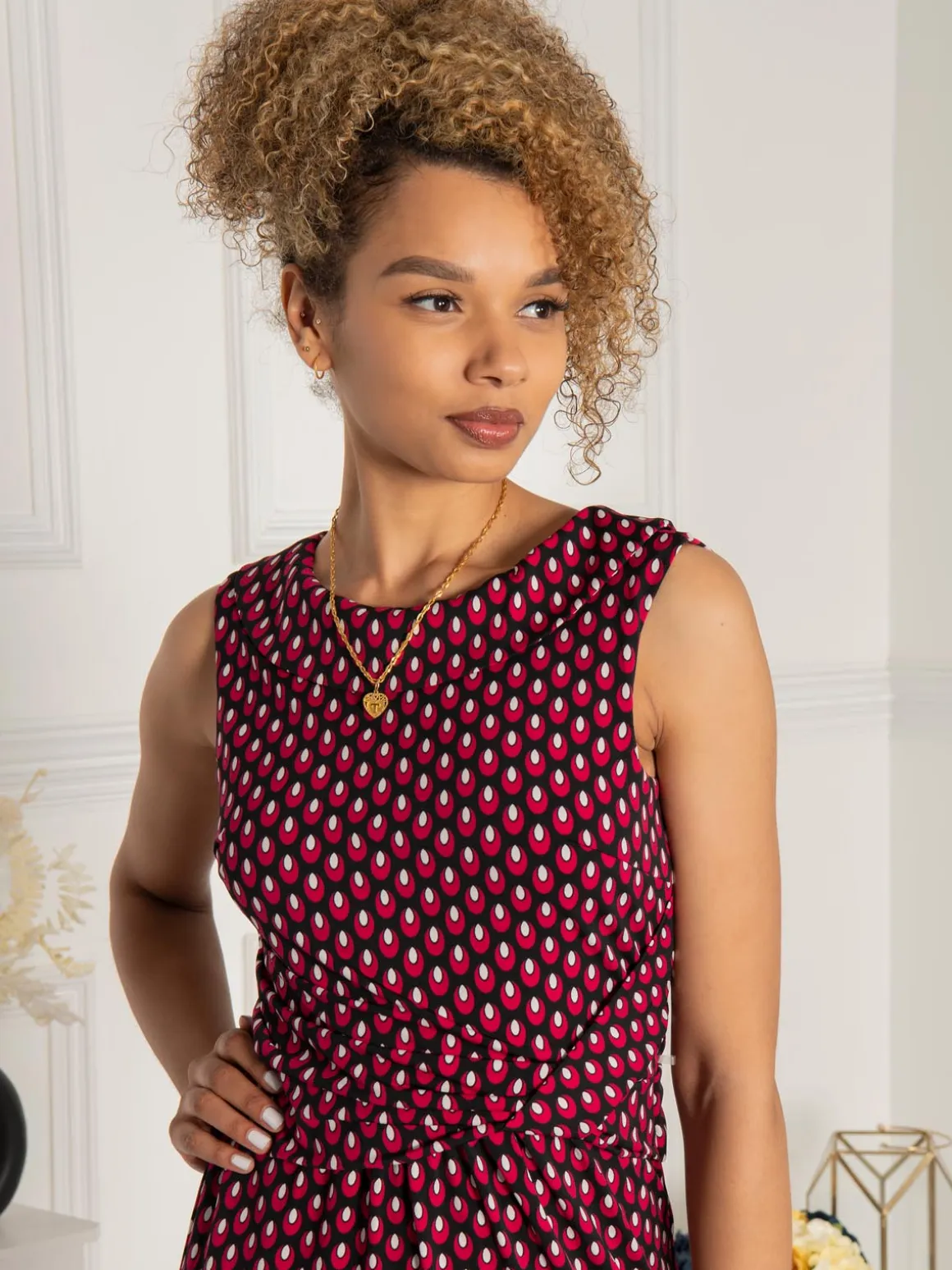 Jolie Moi Roll Collar Sleeveless Shift Dress, Pink Geo