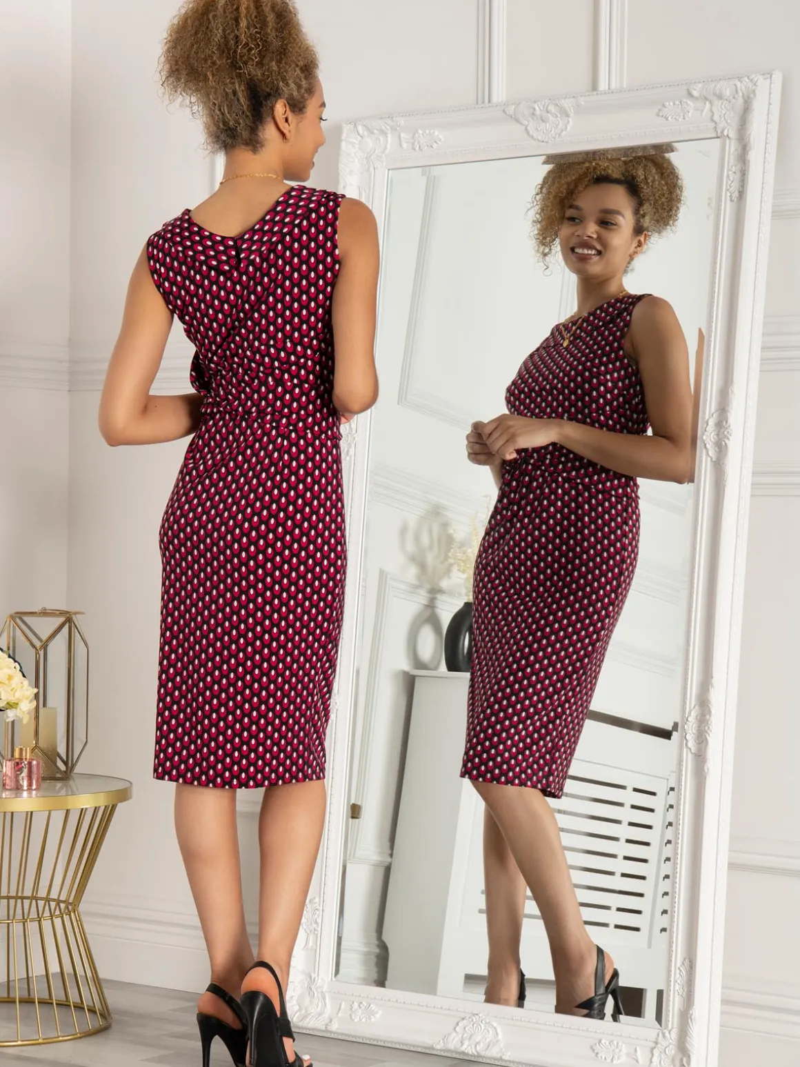 Jolie Moi Roll Collar Sleeveless Shift Dress, Pink Geo